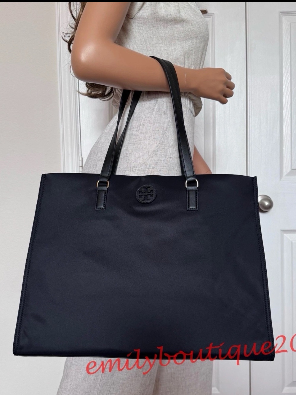 NWT Tory Burch 136144 Ella Nylon Tote Black Large Shoulder Bag